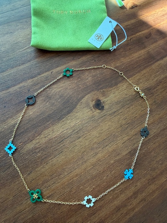 Tory Burch Jewelry - Tory Burch Gold-Tone Necklace with Green, Turquoise and Brown Enamel Motifs